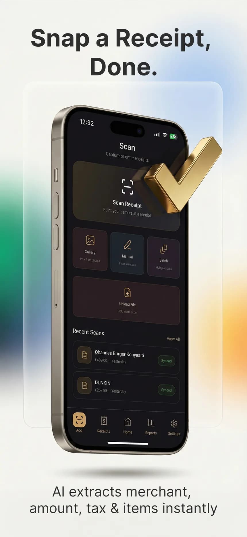 Expio scan screen on an iPhone: scan a receipt, pick from gallery, enter manually, batch scan or upload a file