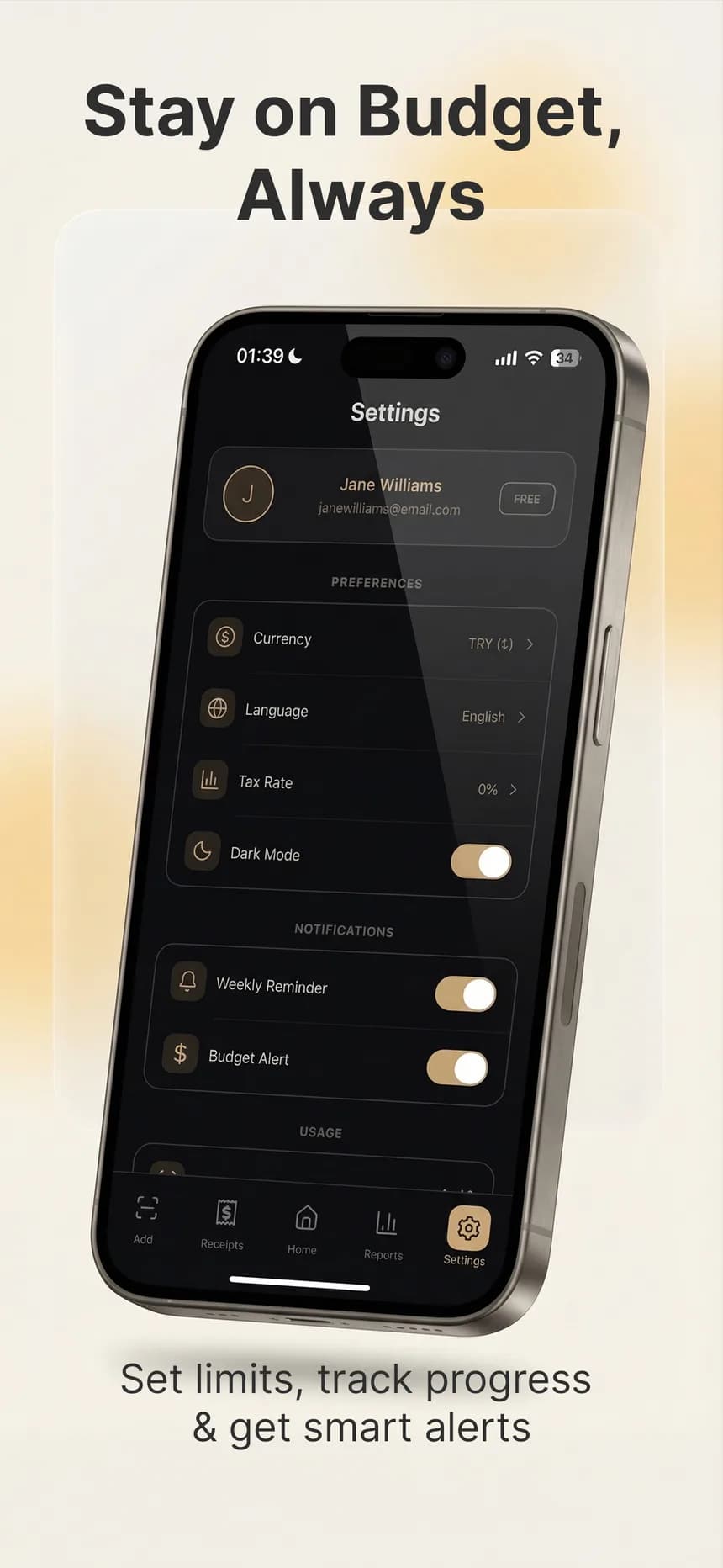 Budget, reminder and alert settings in Expio