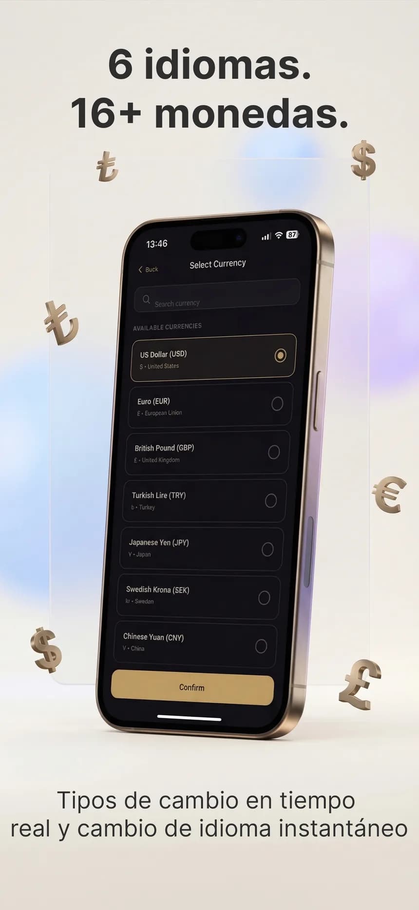 Selector de moneda en Expio